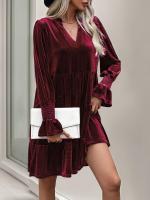 Otoño e Invierno suelto Color sólido con cuello en V vestidos de manga larga para mujer nuevo en elegante Retro Casual Midi vestido femenino - details 17