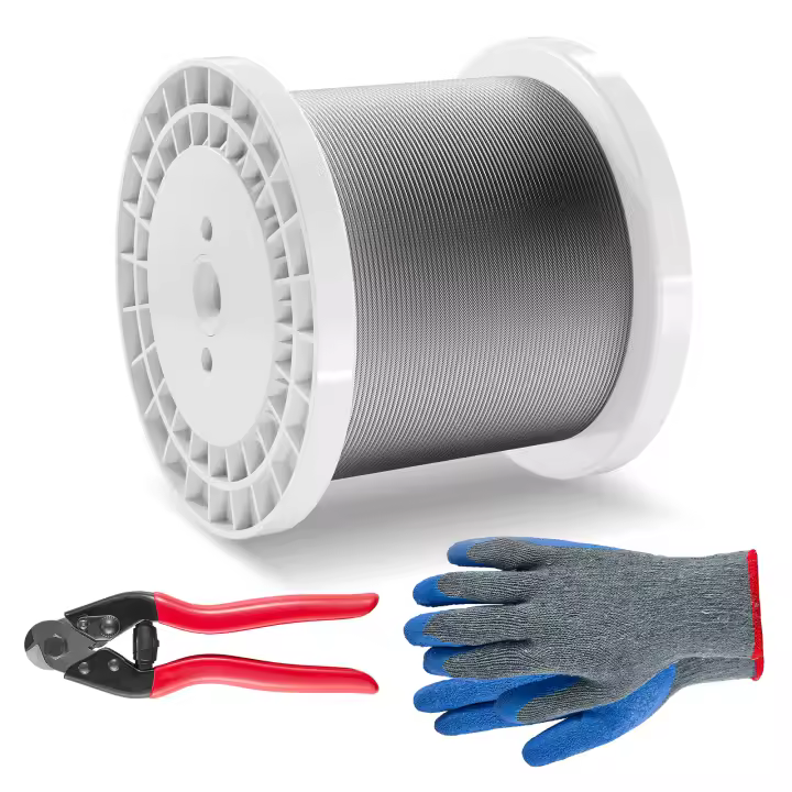 Kit de cable de acero SucceBuy: cable de acero inoxidable 316 de 1/8", 1000 pies, cortador y guantes, resistencia de 1600 libras, uso en exteriores - 1