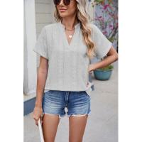 BUNO-2025 Blusas informales para mujer, camisas holgadas de manga corta con cuello de pico de Jacquard bordado a la moda, Tops elegantes de colores sólidos para verano - details 19
