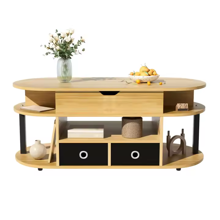 Mesa de centro moderna de madera veteada, con función elevadora, espacio de almacenamiento y cajones de tela negra - Versátil, elegante y práctica para el salón y la oficina - 1