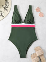 Bañador de una pieza con cuello en V para mujer, Monokini Sexy liso con tirantes, ropa de playa para verano, 2024 - details 3