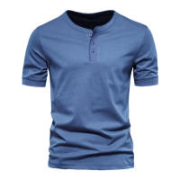 Camiseta de manga corta Henley para hombre, ropa informal de algodón, color blanco, azul vaquero, M-6XL, paquete de 2 - details 11