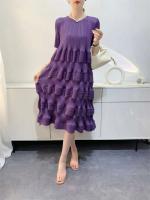Miyake-vestido plisado para mujer, nuevo diseño de moda, Color sólido, holgado, talla grande, cintura alta, falda empalmada con pastel, primavera 2024 - details 8