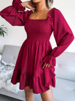Vestido elegante de manga larga para mujer, falda de cuello cuadrado, de Color sólido vestido de volantes, moda de primavera y otoño - details 15