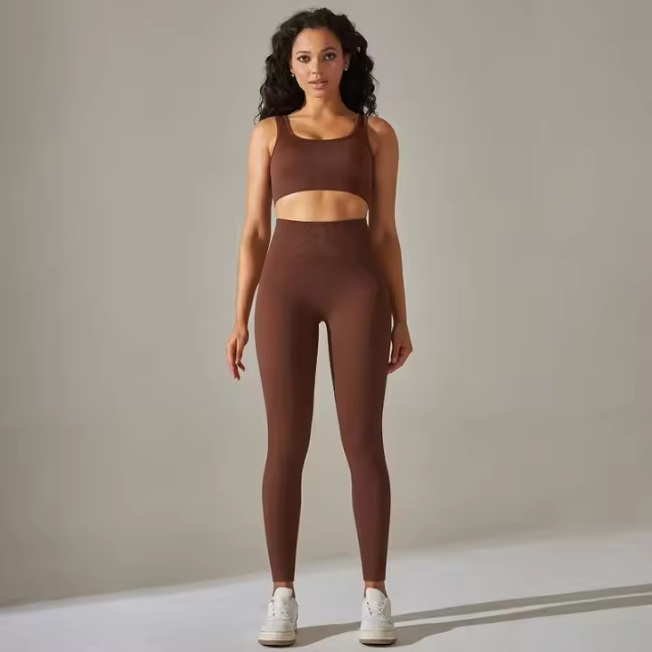 Conjunto de yoga acanalado sin costuras para mujer, ropa de gimnasio, sujetador con elevación, leggings, top de entrenamiento, chándal deportivo, 2 piezas - 1