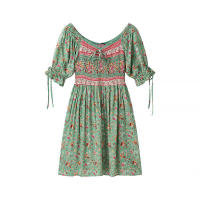 Vestido de Algodón Estampado de Moda para Mujer OUWU Mini Vestido Versátil con Manga de Princesa, Cuello en Polo, Cintura Imperio - details 6