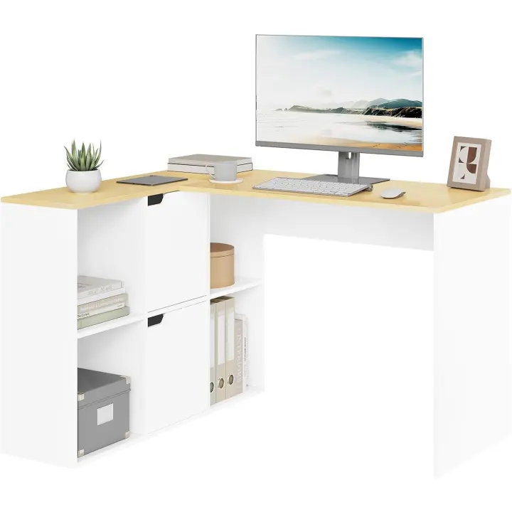 Mesa Escritorio Esquinero en L con 4 Estanteria + 2 Armarios - 120 cm Escritorio Ordenador de Oficina, Mesa Estudio con Doble Tablero para 2 Ordenadores, 118x100x75 cm - 1