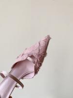 Nuevo temperamento puntiagudo rosa bolsa cabeza media zapatillas mujer malla encaje stiletto tacones altos - details 37