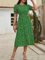 Vestido de mujer, novedad de verano 2025, vestido de longitud media acampanado a la moda con cintura alta y flores redondas para mujer - details 32