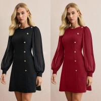 Vestido de manga larga de color sólido ajustado con hebilla de uñas y cuello redondo para mujer de principios de primavera - details 1
