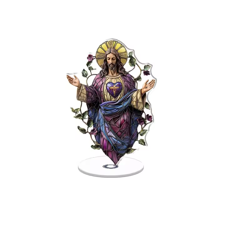 Adorno acrílico giratorio que representa el Sagrado Corazón de Jesús en vidrieras translúcidas con un marco de lavanda profunda y un aureola dorada sobre un fondo blanco puro - 1