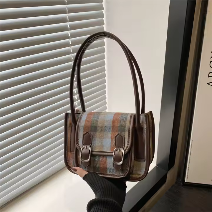 Bolso a cuadros de lana para mujer, bolso para axila retro, de un solo hombro, pequeño, cuadrado, tendencia, otoño e invierno, 2025 - 1
