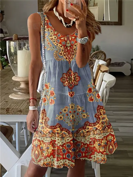 Vestido estampado con cuello en V, informal sin mangas, moda de verano, moda, ropa de mujer - 1