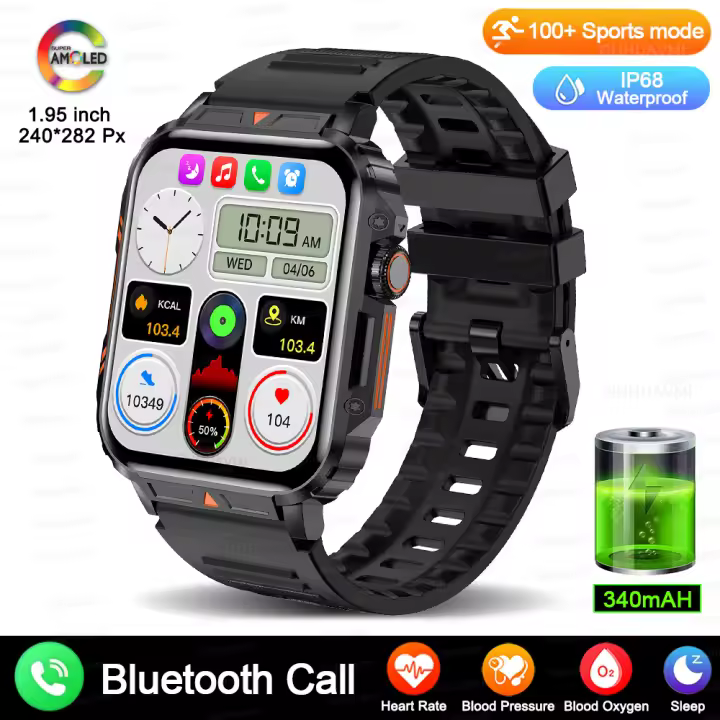 2024 Reloj inteligente Para hombres táctil de pantalla completa AMOLED de 1,95 inch teléfono móvil rastreador de fitness de llamadas bluetooth, azúcar en sangre, oxígeno en sangre, monitoreo de presión arterial Smart Watch ip68 impermeable For Android Ios - 1