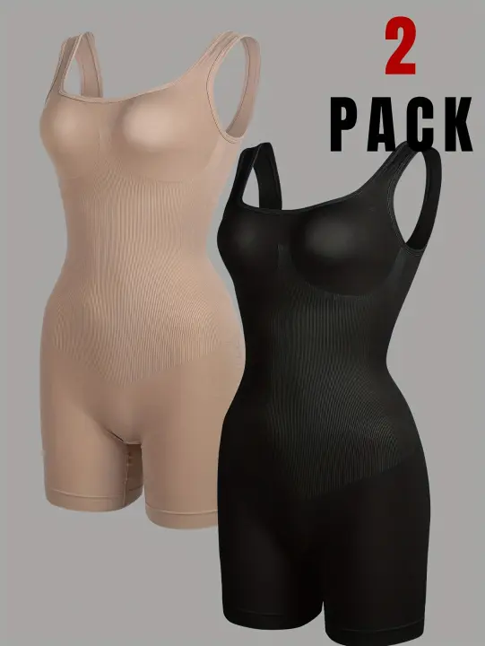 Conjunto de 2 fajas moldeadoras sin costuras para mujer, con escote cuadrado sin costuras para entrenar la cintura y un diseño que esculpe el cuerpo y se extiende hasta las rodillas. - 1