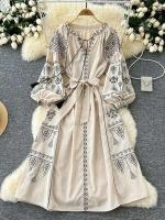 Vestido largo ceñido a la cintura con mangas abullonadas bordadas para primavera y otoño de estilo étnico bohemio para mujer A155 - details 0