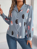 Blusa de manga larga con estampado de plumas para mujer, camisa blanca a la moda, Top informal para oficina, ropa elegante para mujer, novedad de otoño - details 13