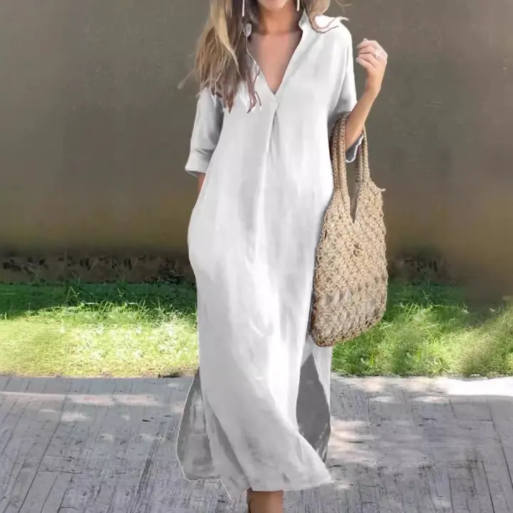 Vestido de mujer con cuello en V, de moda. - 1