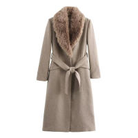TRAFZA mujer nueva moda elegante manga larga bolsillo Casual prendas de vestir exteriores mujer invierno otoño cuello de piel cinturón decorar chaqueta abrigo - details 6