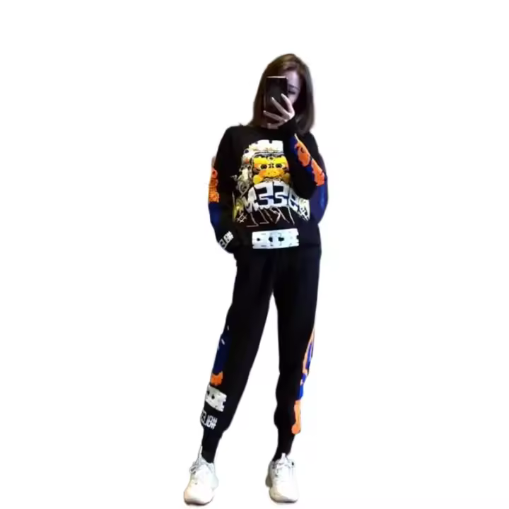 Chándal con bordado de patrón de letras para mujeres, conjunto de dos piezas, traje deportivo de calle, talla grande en negro y - 1
