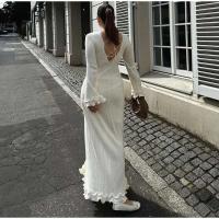 Vestido largo de punto con mangas acampanadas y dobladillo con volantes para mujer, Vestido elegante con espalda descubierta y cuello redondo con cordones, batas de vacaciones para mujer - details 10