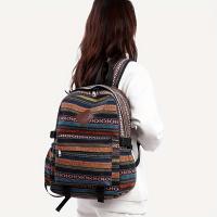 Mochila para mujer de gran capacidad Estampado étnico a rayas, tela casual, cierre de cremallera, forro de poliéster, azul marino, lavable a mano - details 1