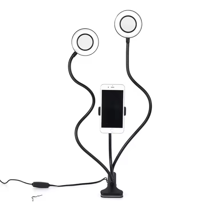 Soporte de Teléfono de Doble Brazo con Luz Auténtica Rotación de 360 Grados para Reuniones Online, Streaming en Directo, Selfies - 1