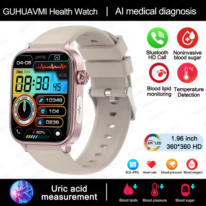 2024 Nuevo ECG + PPG Clase Médica 1,96 inch, 360*360 AMOLED Pantalla complete de HD táctil Smart Watch Azúcar en sangre, lípidos sanguíneos, temperature corporal, Llamada Bluetooth,IP68 a prueba de Agua Reloj Inteligente saludable para Android IOS - 1