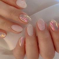 24 UDS Uñas simples, uñas postizas cortas de almendra con pegamento brillante Aurora cabeza redonda punta que cubre completamente presión elíptica en la uña - details 0