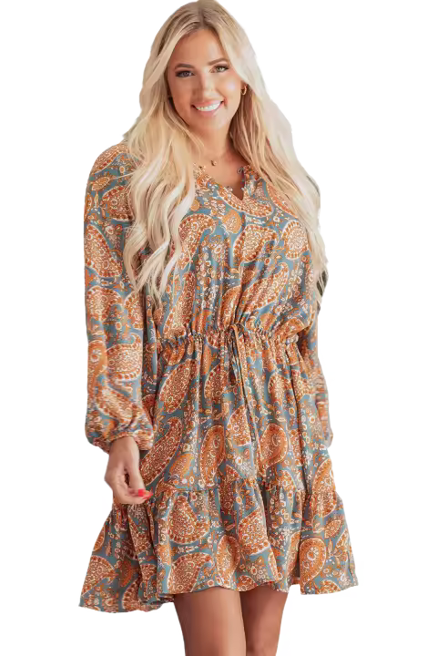Elrachen Mini vestido de mujer con estampado de cachemir bohemio, corte holgado, cintura alta, cordón, naranja, tallas S-XL - 1