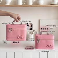 Bolsa de maquillaje de cuero PU con lazo rosa, caja de almacenamiento de productos para el cuidado de la piel con mango de aleación portátil, estuche de maquillaje de mano impermeable de gran capacidad - details 0
