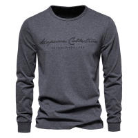 Nueva camiseta de manga larga de color sólido para hombre, talla europea, deportes casuales, cuello redondo, camisa de manga larga con estampado de letras de algodón puro - details 2