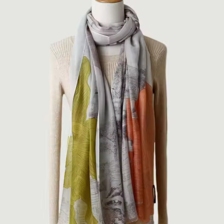 Bufanda tipo chal ligera y estampada para mujer, aire acondicionado, multiusos, calidez de invierno, anillo de terciopelo, Cachemira larga - 1