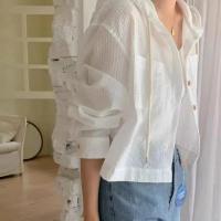 Camisa con Capucha a Rayas para Mujer Cárdigan de Manga Larga Corta Informal Holgado - details 5