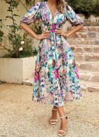 Vestido estampado de gasa con cuello en V ceñido a la cintura con temperamento de manga corta de verano 2025 para mujer - details 6