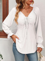 Blusa acampanada de manga larga con cuello en V para mujer, camiseta Sexy con cordón en la cintura, Tops elegantes para primavera y otoño, 2023 - details 7