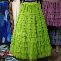Falda larga con flecos de malla para mujer, vestido de pastel con volantes, línea A, púrpura, rojo, verde, negro - details 6