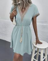 2025 Primavera/Verano Vestido de cintura con cuello en V y encaje de manga corta de color sólido - details 6