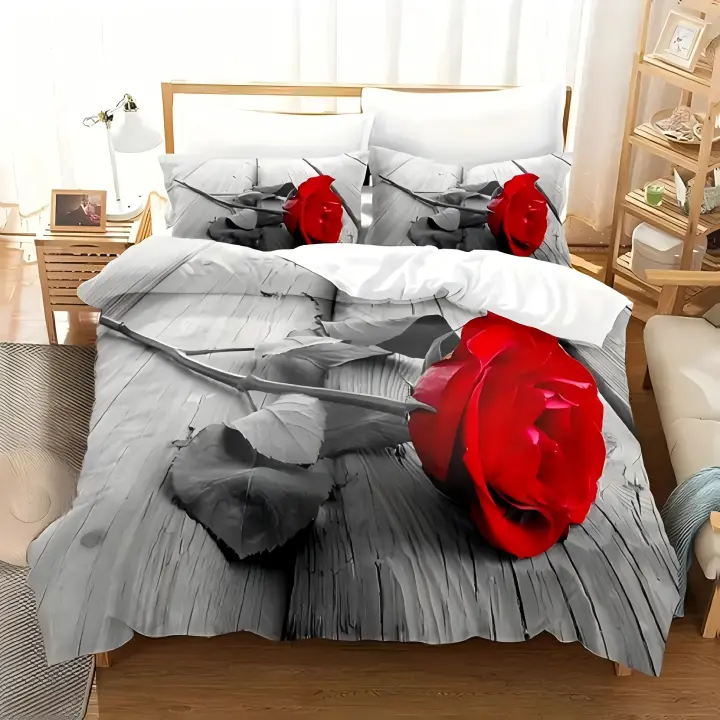 Romántico Tema de Cama de Algodón Poliéster Juego de Cubierta de Edredón de Flor de Rosa Roja 3D - 1