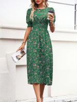 Vestido de mujer, novedad de verano 2025, vestido de longitud media acampanado a la moda con cintura alta y flores redondas para mujer - details 14