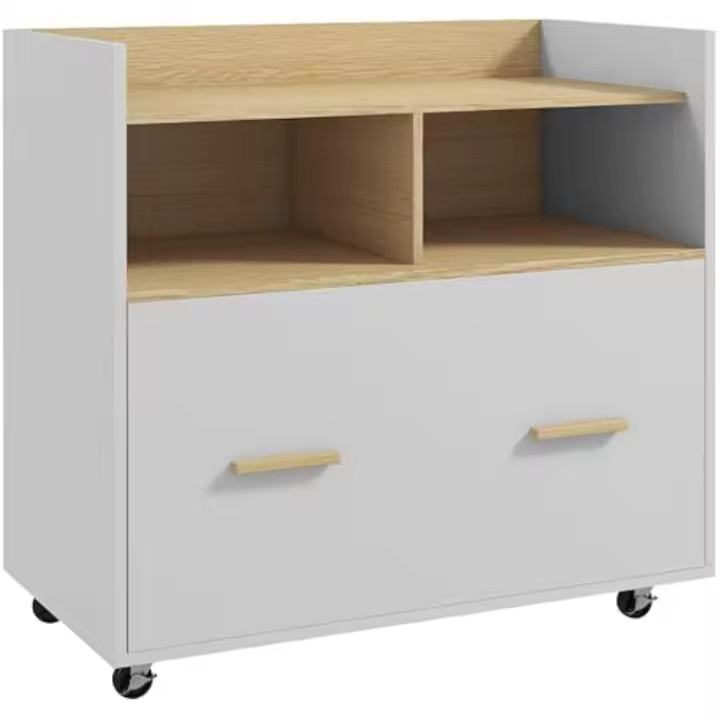 Cajonera de Oficina Armario Archivador Móvil Cajonera Escritorio con Ruedas Cajón Barras Colgantes para Tamaño A4 y 2 Compartimentos para Estudio Salón 76x40x75,5 cm Roble y Blanco - 1