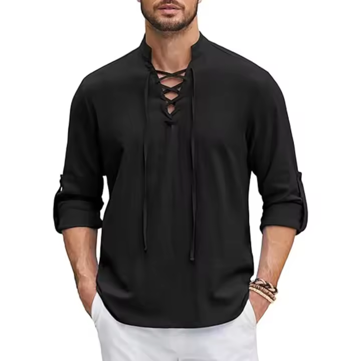 Camisa renacentista para hombre, top vikingo Medieval pirata, camisas de lino y algodón, disfraz de Halloween de manga larga para hombre - 1