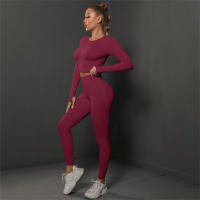 Conjuntos de gimnasio para mujeres 2 piezas manga larga ropa de yoga top cropped costilla alta leggings sin costuras material elástico para primavera/verano - details 7