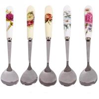 Cuchara de café de cerámica con flores rosas, cuchara de helado de acero inoxidable para cocina y comedor, cucharadita de postre - details 1