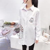 Blusa De Algodón Blanca Casual Para Mujer Cuello En V Botones Larga Manga Bordada Estilo Casual Longa Manga Blouse De Verano - details 5