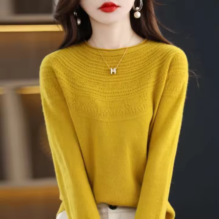100% suéter de punto de lana Merino Otoño/Invierno 2024 nuevo jersey de cuello redondo para mujer Top hueco 11 colores abrigo versátil NJR1107 - 1