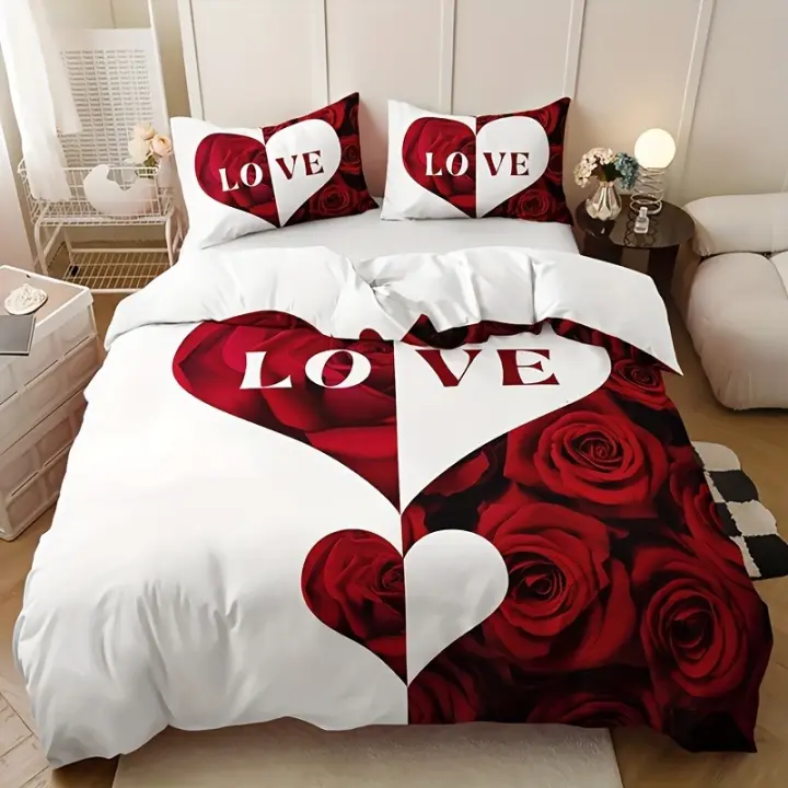 Juego de Cubierta de Edredón de Poliéster 100% Diseño de Letras de Rosa y Corazón Rojo - 1