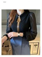 2025 otoño mujer gasa Patchwork suéter manga linterna cuello vuelto jersey con botones mujer Oficina señora suéter invierno - details 25