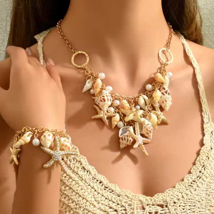 Conjunto de collar y pulsera para mujer Ocean Wind, collar de diseño de perlas de concha de estrella de mar personalizado, joyería - 1