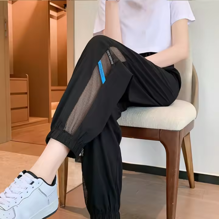 Pantalones rectos informales con cordón para mujer, ropa de calle de malla, pantalones de cintura alta, pantalones deportivos de secado rápido con agujeros de malla - 1